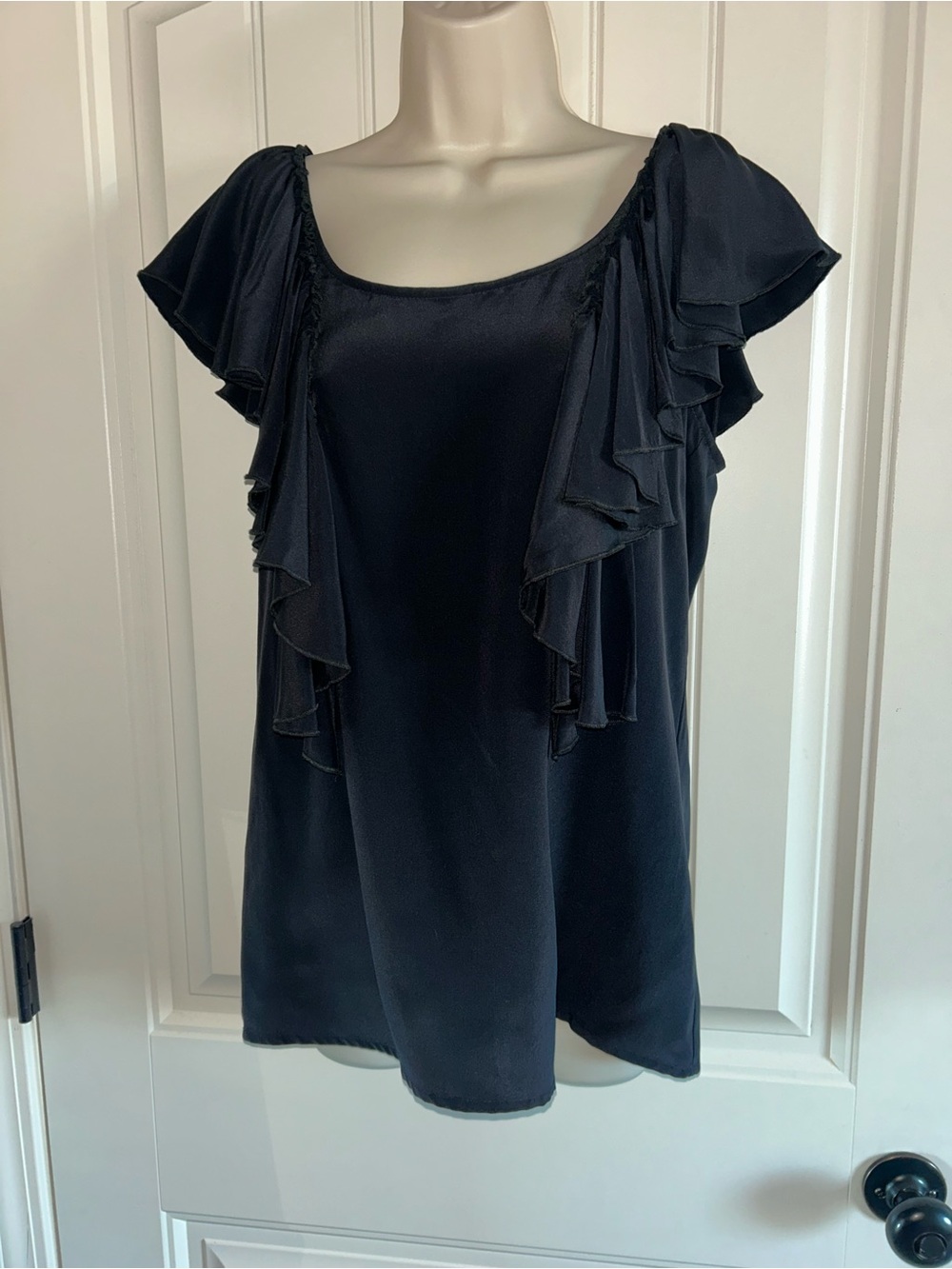 NEW Fifteen Twenty Black Ruffle Sleeve Satin Scoop Neck Blouse Sz M